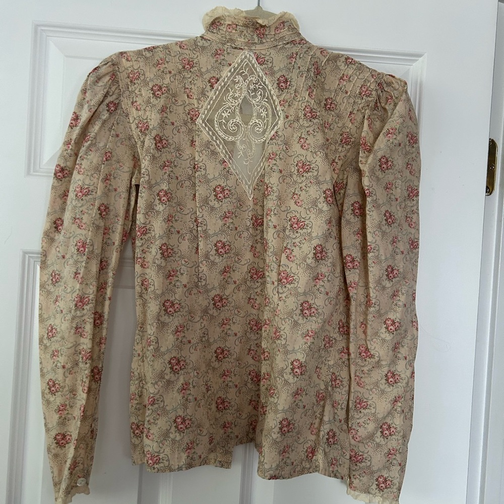 Ralph Lauren Pink Puff Sleeve Blouse with Ruffled Mandarin Collar